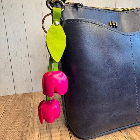 Leather Bright Pink Tulip Purse Charm Genuine Leather Tulip Spring Bag Charm - Picture 2 of 6